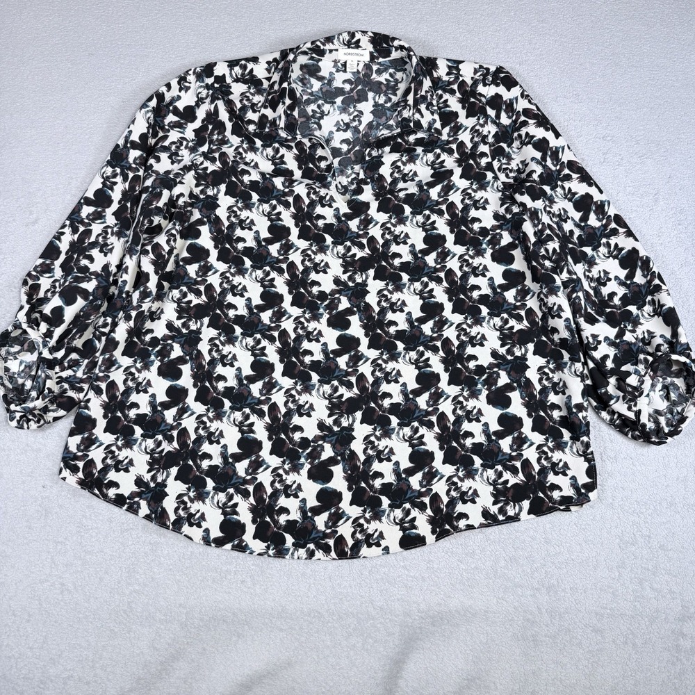 Nordstrom Signature Women Black Blue  Long Sleeve Ruffle Blouse Size XL